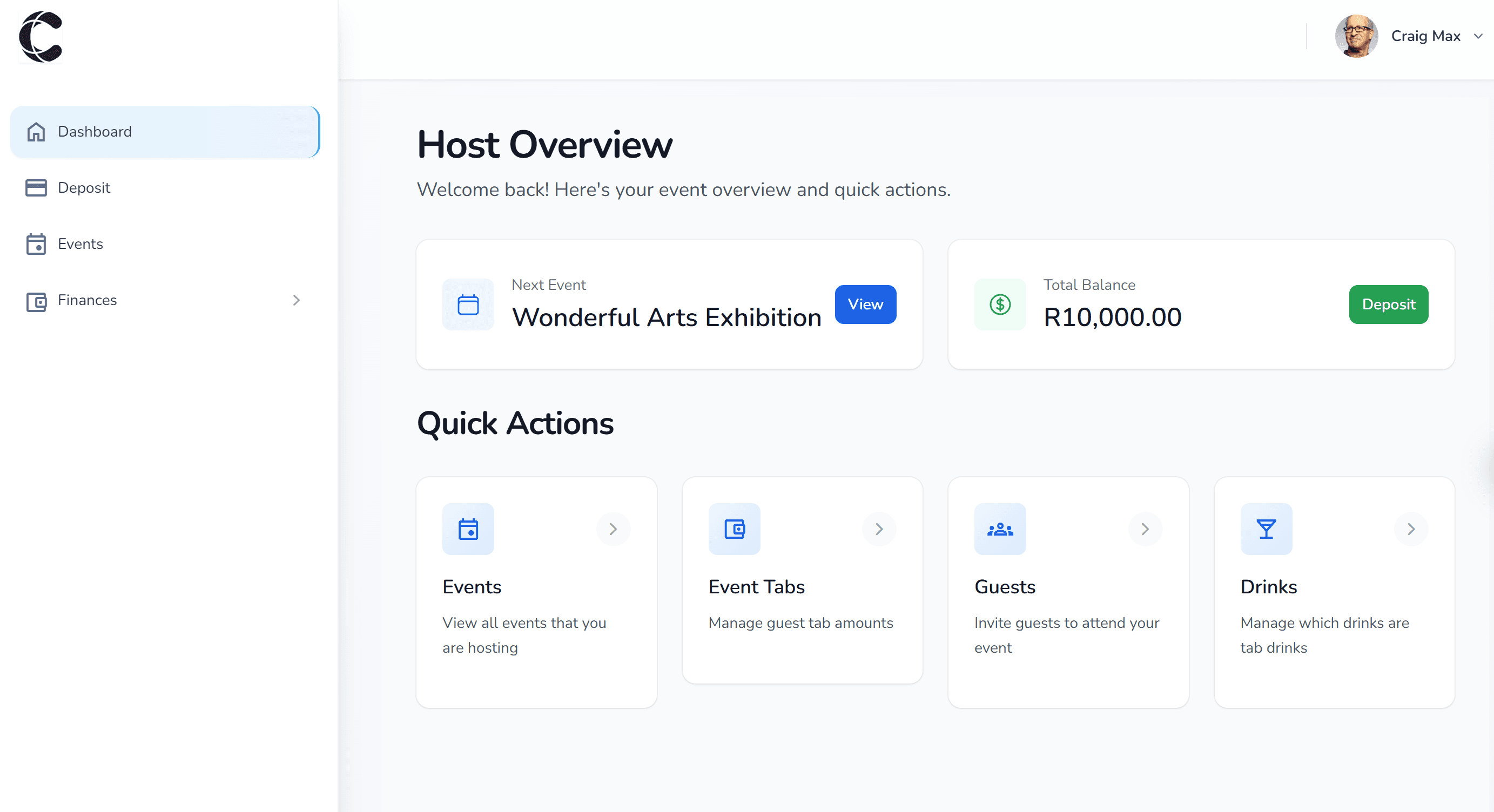 Ceremoney host overview dashboard showing event balance and quick actions