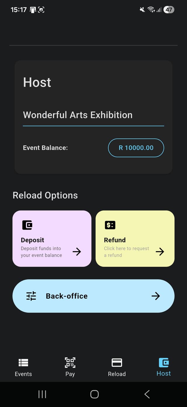 Host app showing event balance, deposit and refund options
