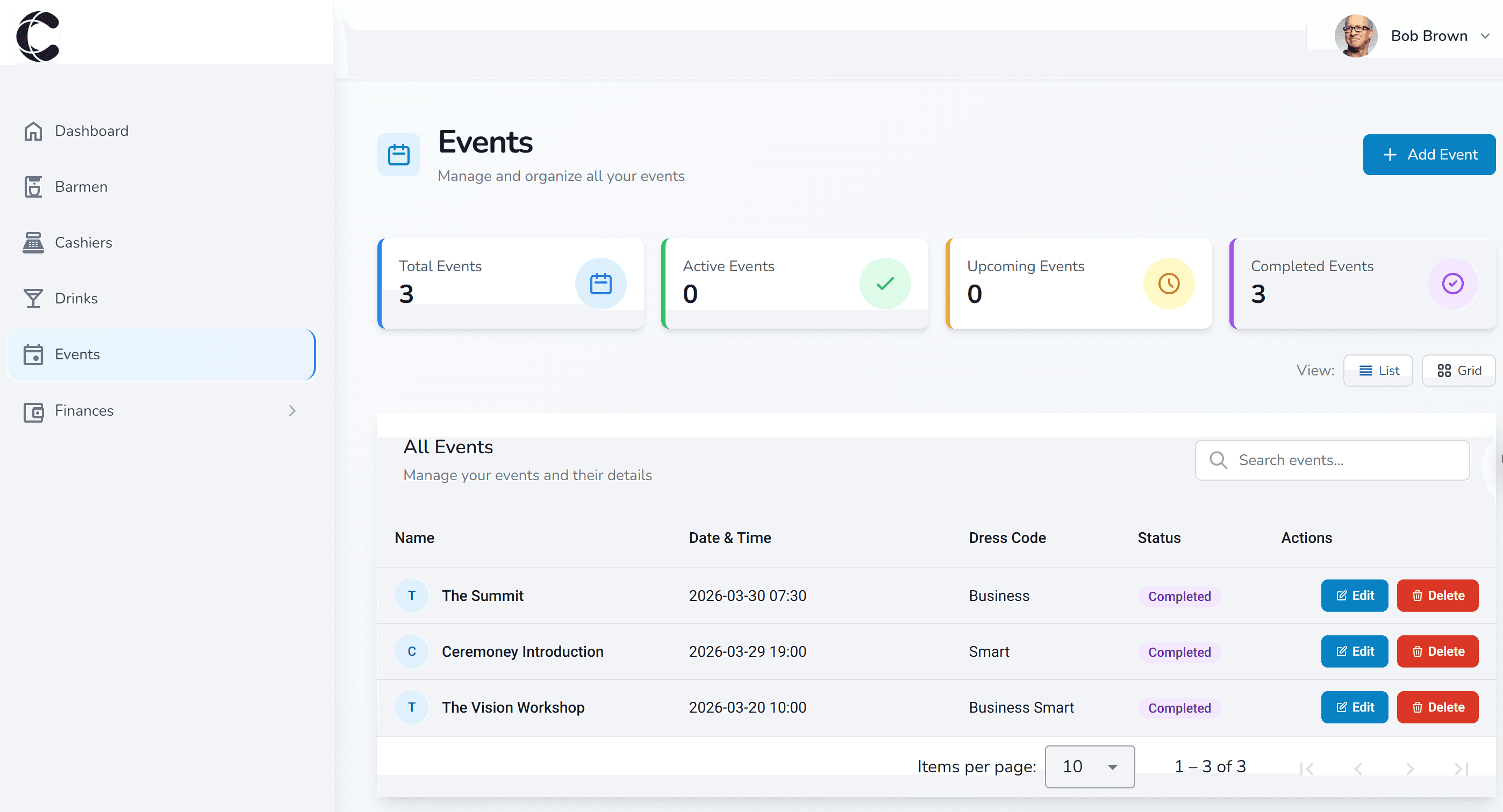 Venue back-office events dashboard showing completed events with status